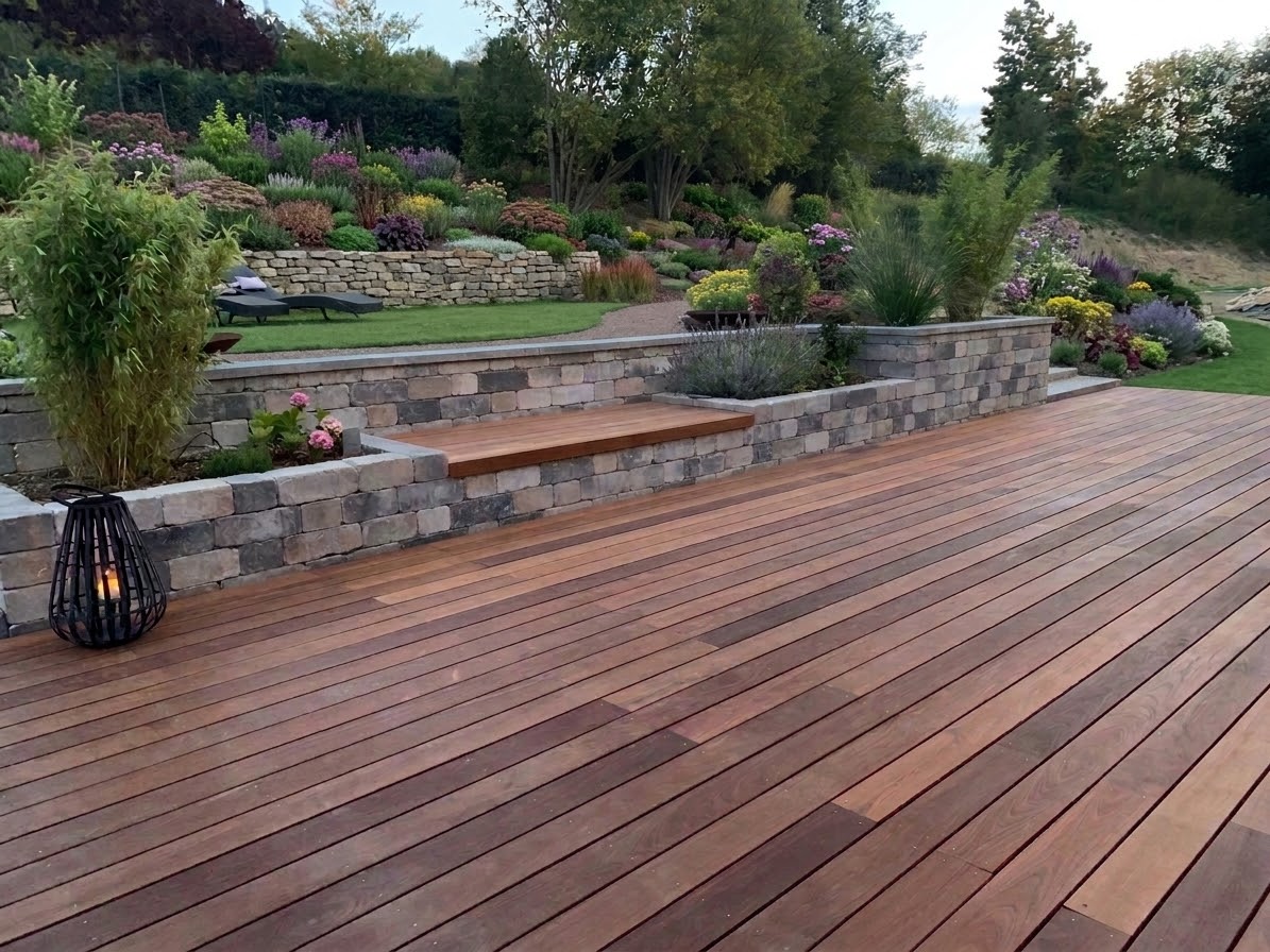 Holzterrasse mit Natursteinmauer und Staudenbeeten