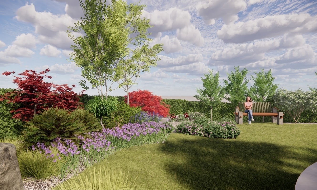 3D-Visualisierung eines Gartens mit Ahorn, Birken und Blühbeeten