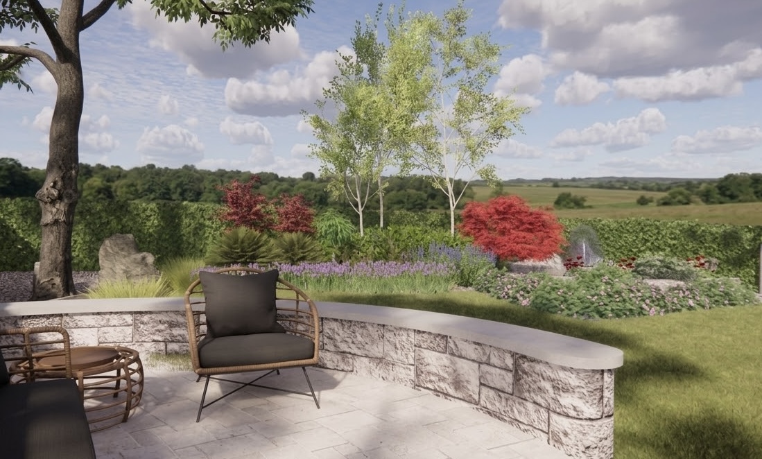 3D-Visualisierung einer Terrasse mit geschwungener Natursteinmauer