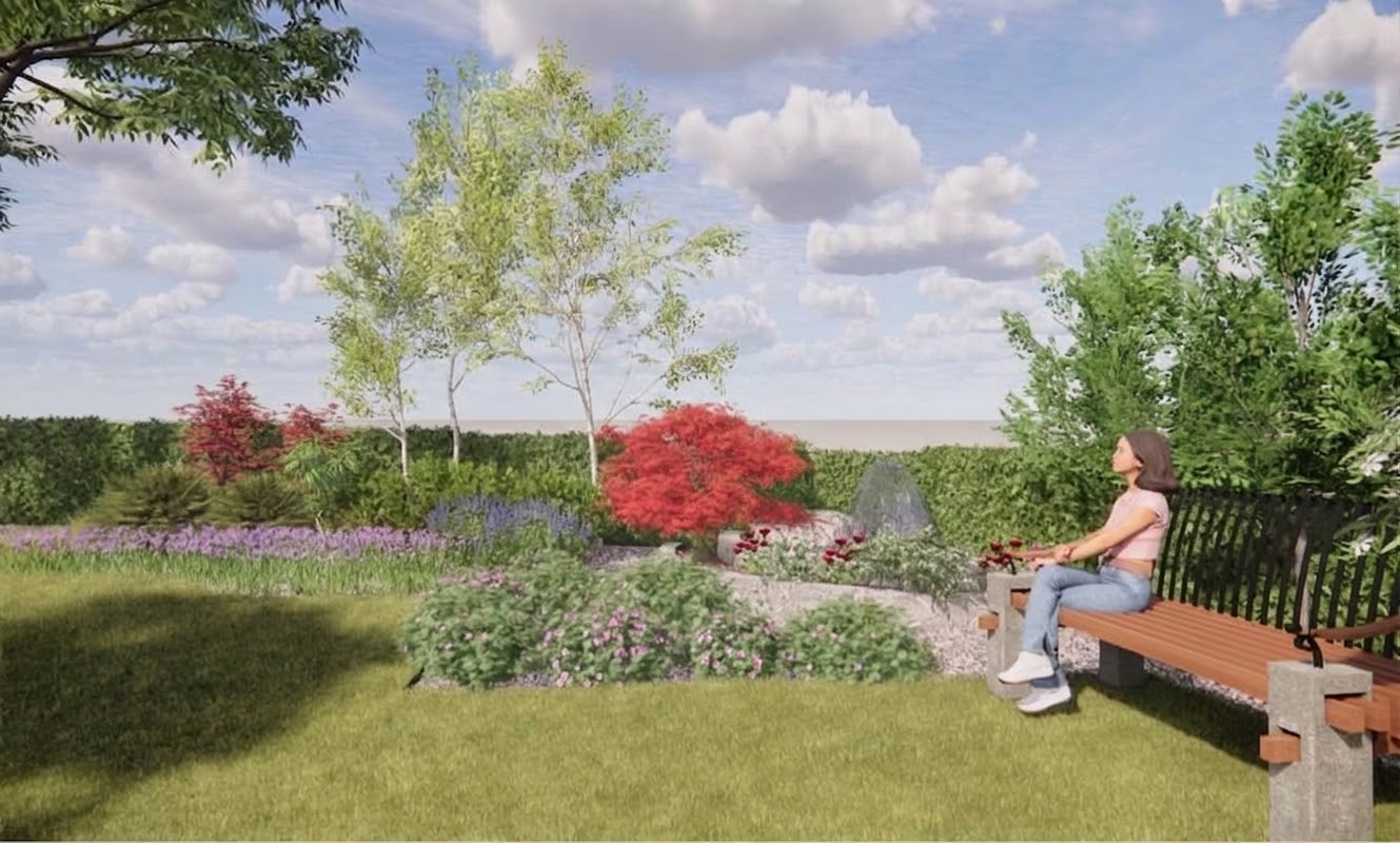 3D-Visualisierung eines Gartens mit Sitzbank und Staudenbeet